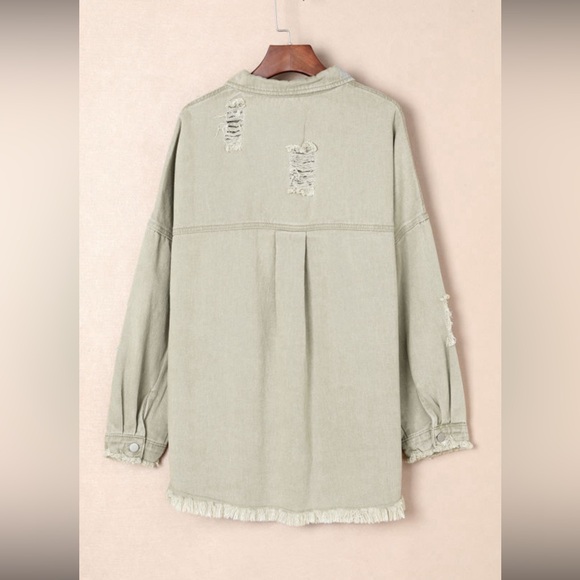 Olive Green Distressed with Frayed Hem Button Down Denim Jacket, Relaxed Fit, M - Picture 11 of 14
